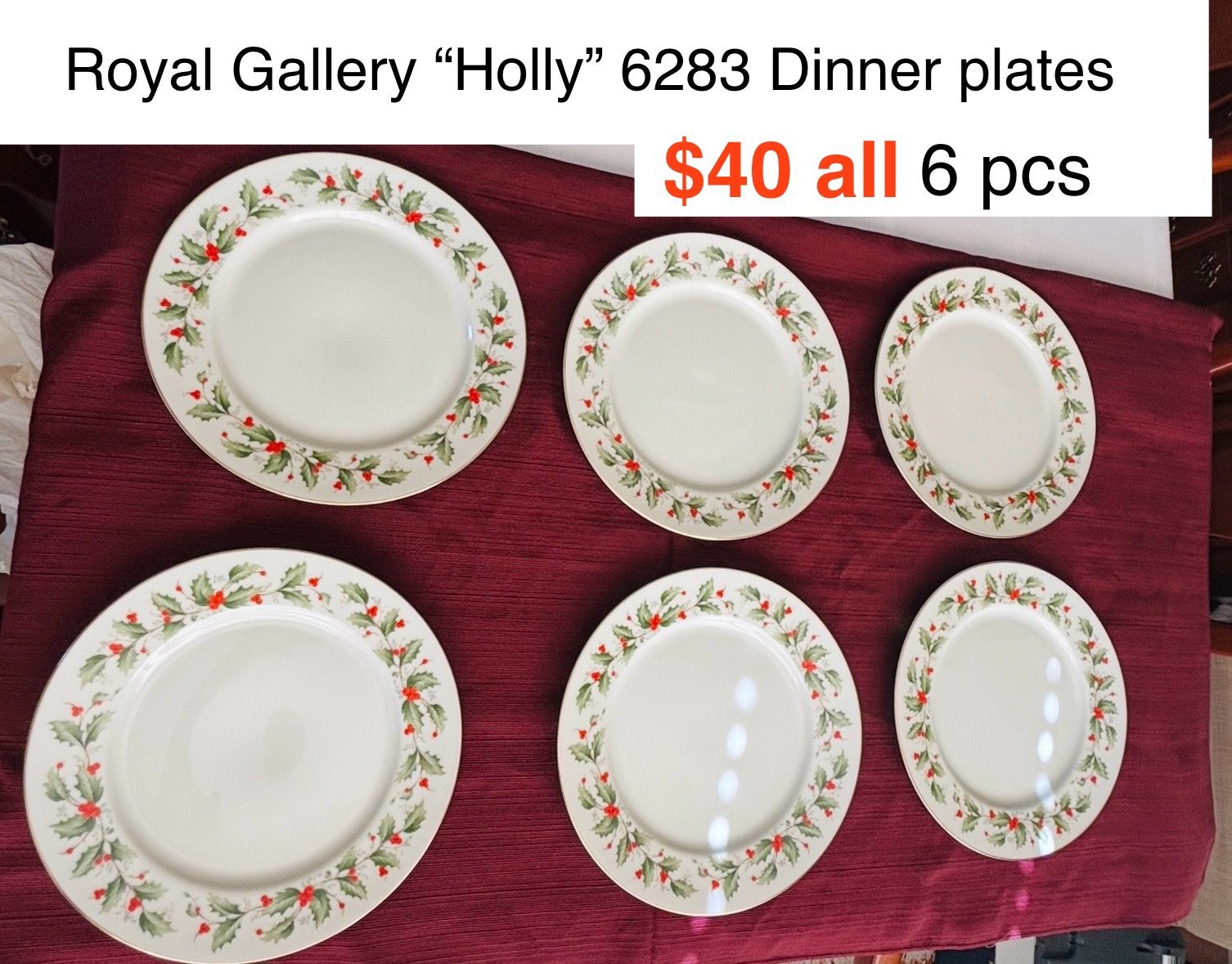 Vintage Christmas Dinner Plate 6283 Holly by  Royal Gallery Fine China Japan SET of 6