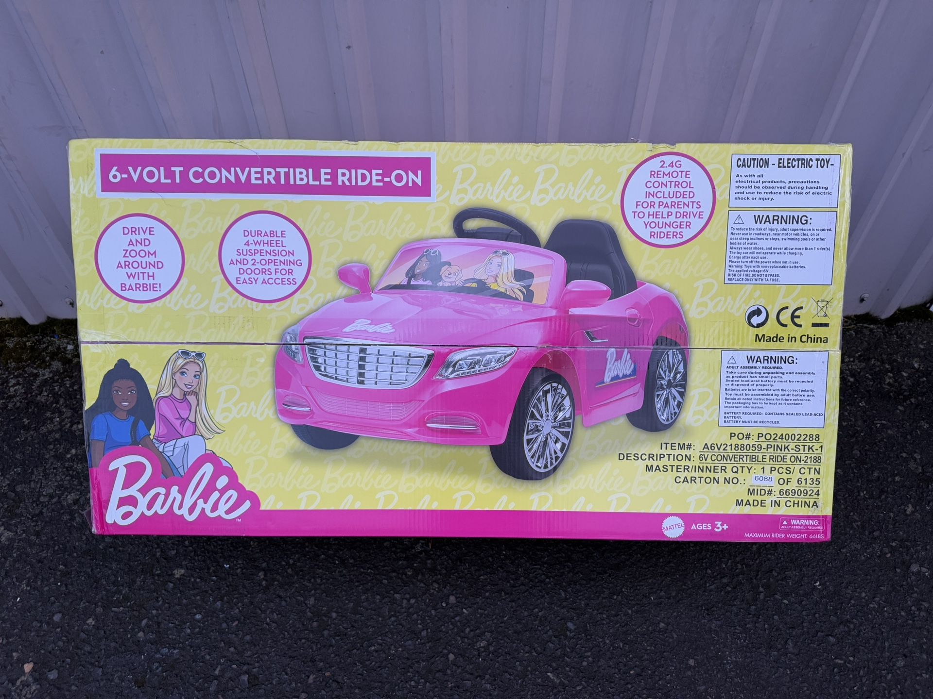 6V Barbie Convertible Ride on Car, Battery Powered Toy, Kids Ages 3+, Remote Control