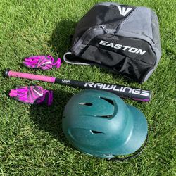 Youth baseball gear, ( bat, gloves, helmet, gear bag)
