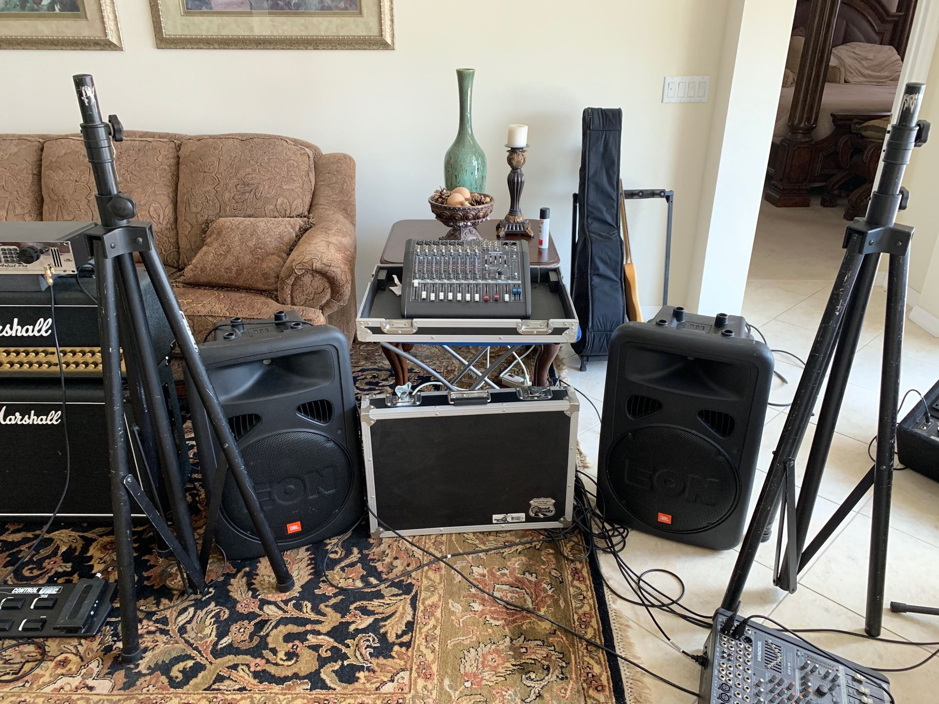 PA system - Mackie 12 channel DFX-12 mixer with 2 JBL 15 inch speakers and speaker stands