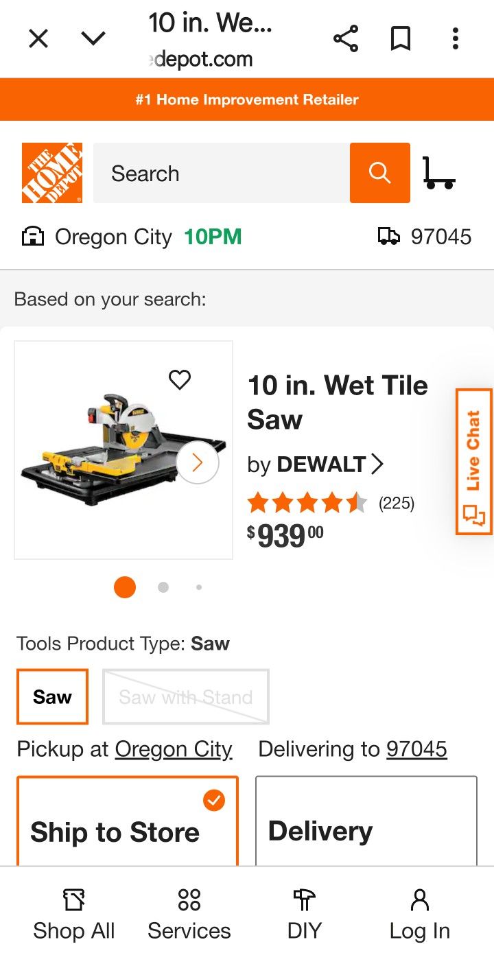 DEWALT
10 in. Wet Tile Saw D2400**TOOL ONLY**