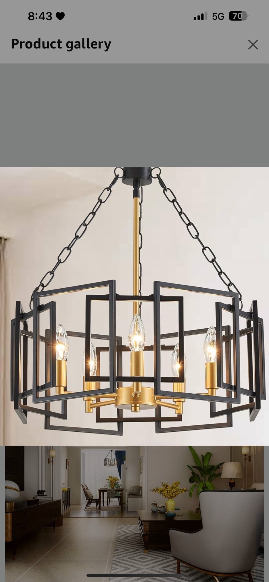 Modern Farmhouse Chandelier, 20" Black and Gold Pendant Light Fixtures 5 Lights Height Adjustable Ceiling Light for Dining Room, Bedroom, Living Room,