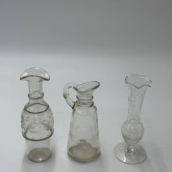 Lot of 3 Vintage Glass Mini Pitcher Cruet Bottle & Etched Bud Vase