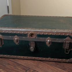 Antique Metal Steamer Travel Trunk with Insert  Shelf 30" long