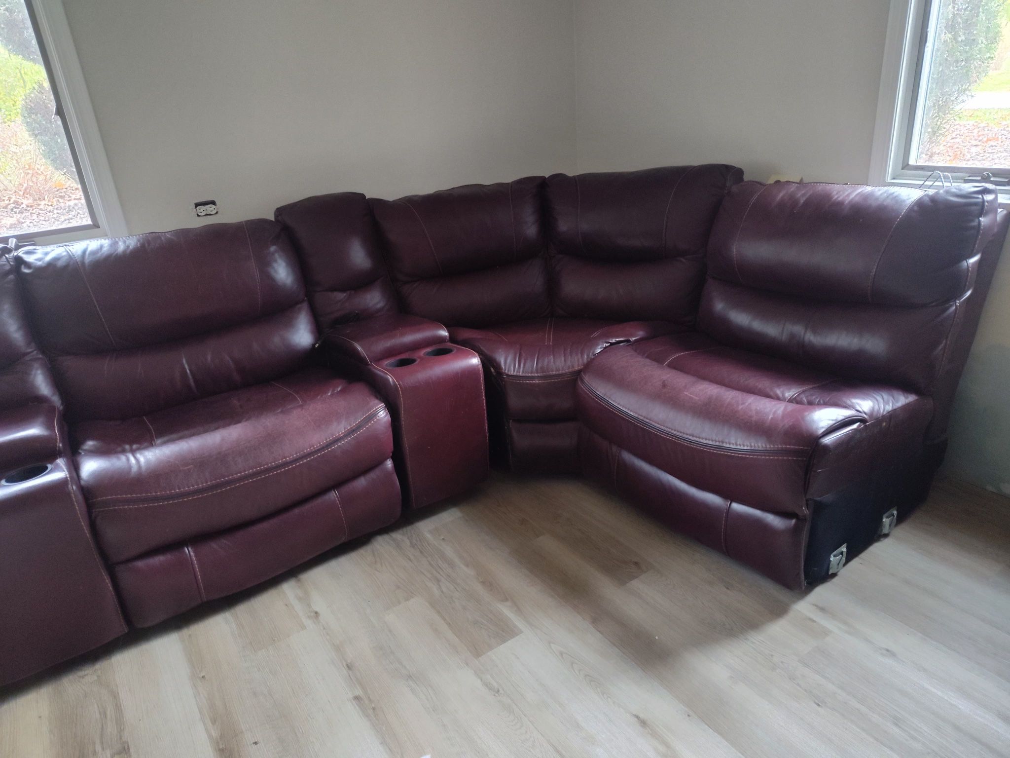 Burgundy Leather Reclining Sectional Sofa with Cup Holders