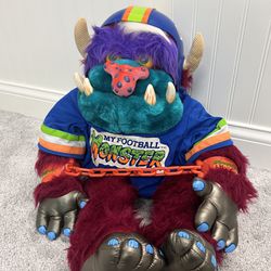 Vintage 1986 AmToy My Pet Football Monster 26" Plush with Jersey, Helmet, Cuffs
