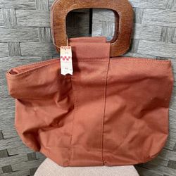 Vintage Orange Tote Bag with Wooden Handles