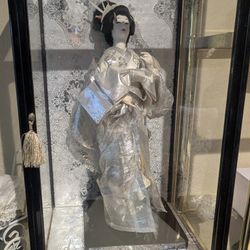 Porcelain Geisha Doll In Glass Case