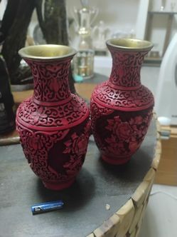 Antique Chinese Carved  Pair Cinnabar Lacquer Vase