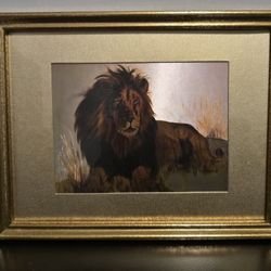 VINTAGE CAROLE HOSS "Pride Leader" LION GOLD FOIL ART EMBOSSED 10X12 Gold Frame