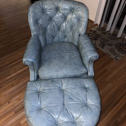 Vintage Teal Leather Chair And Ottoman 