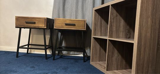 Set of 2 Nightstands with Drawers and book shelf