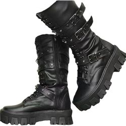 Botines góticos para mujer, de tacón alto grueso, botas de media pantorrilla, con cremallera lateral - SIZE 43