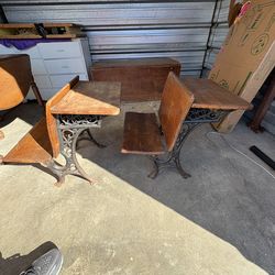 Pair of Antique Eclipse children’s kid wooden school desks early 20th century flip up seats cast iron base great condition for their age