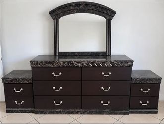 Dark Wood Dresser with Mirror and Faux Marble Top