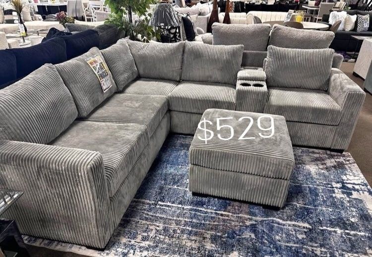 Light Gray 4-Pc Reversible Corduroy Sectional Sofa Set W/ Ottoman