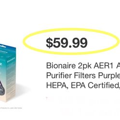 Bionaire 2pk AER1 Allergen Air Purifier Filters Purple: True HEPA, EPA Certified, Captures Odors & Smoke, Fits Bionaire & Holmes 