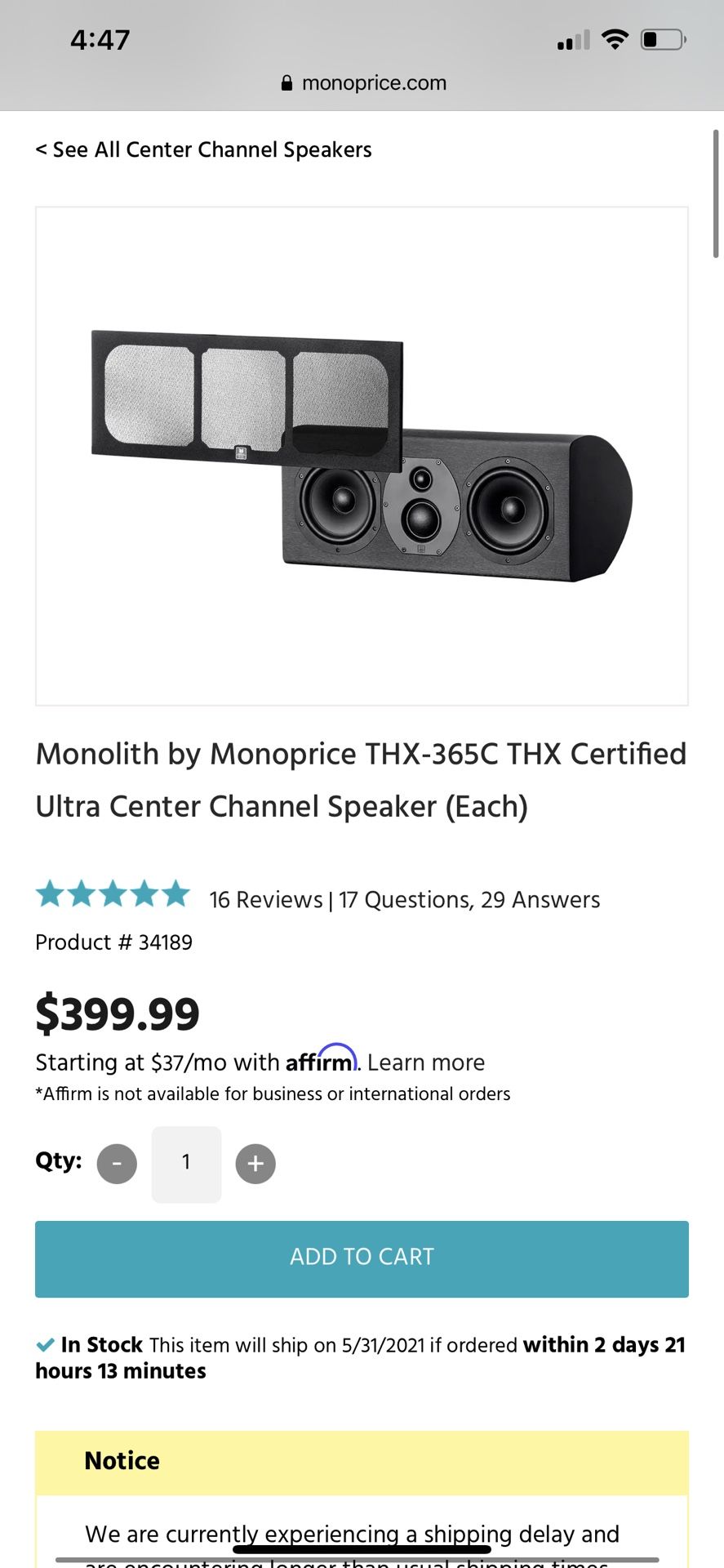 Monolith by Monoprice THX-365C THX Ultra Center Channel Speaker