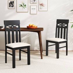 New Set of 2 Black Wooden Dining Chairs with White Padded Seats & Ergonomic High Back