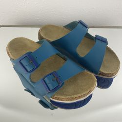 BIRKENSTOCK Two Tone Blue Leather Arizona Dual Strap Summer Slip On Sandals