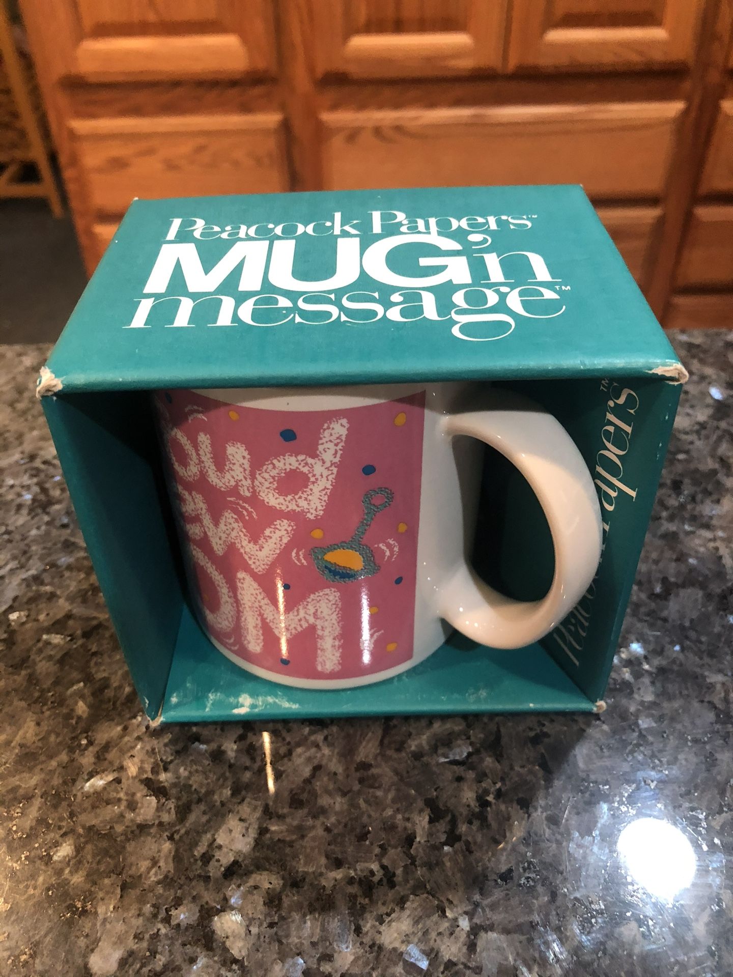 Brand new Coffee Cup with Proud New Mom”written on it. By Peacock Papers Mug’n Message. Dishwasher and microwave safe. Size 3 3/4 inches tall and 3