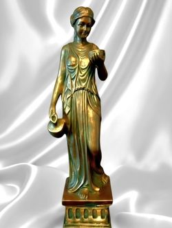 Mid 20th Century Statue of Goddess Hebe in Marble Stone. 32" Tall Gold w/Green