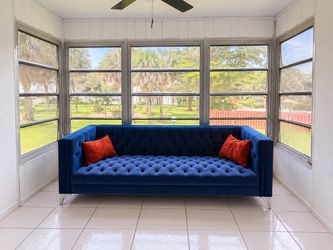 Navy Blue Velvet Tufted 3-Seat Sofa – Modern Luxury/Tuxedo Style