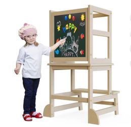 G TALECO GEAR Toddler Kitchen Stool Helper, Step Stool for Kids with Chalkboard Safety Rail for Toddlers 18 Months and Older,Wood, Natural(w)