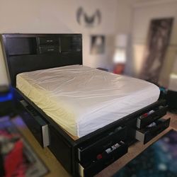 Queen Black Bedframe w/ Bookshelf & Drawers