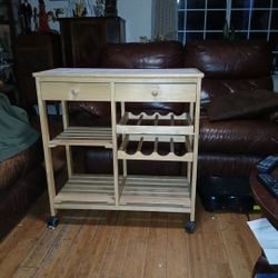 Pine Wood Kitchen Trolley Rolling Wine Rack Storage Island Drawers Serving 
