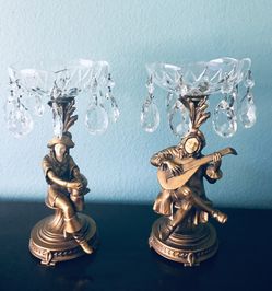 VINTAGE  FRENCH BRONZE STYLE FIGURINES WITH CUT CRYSTAL TAZZE DAV ART NY
