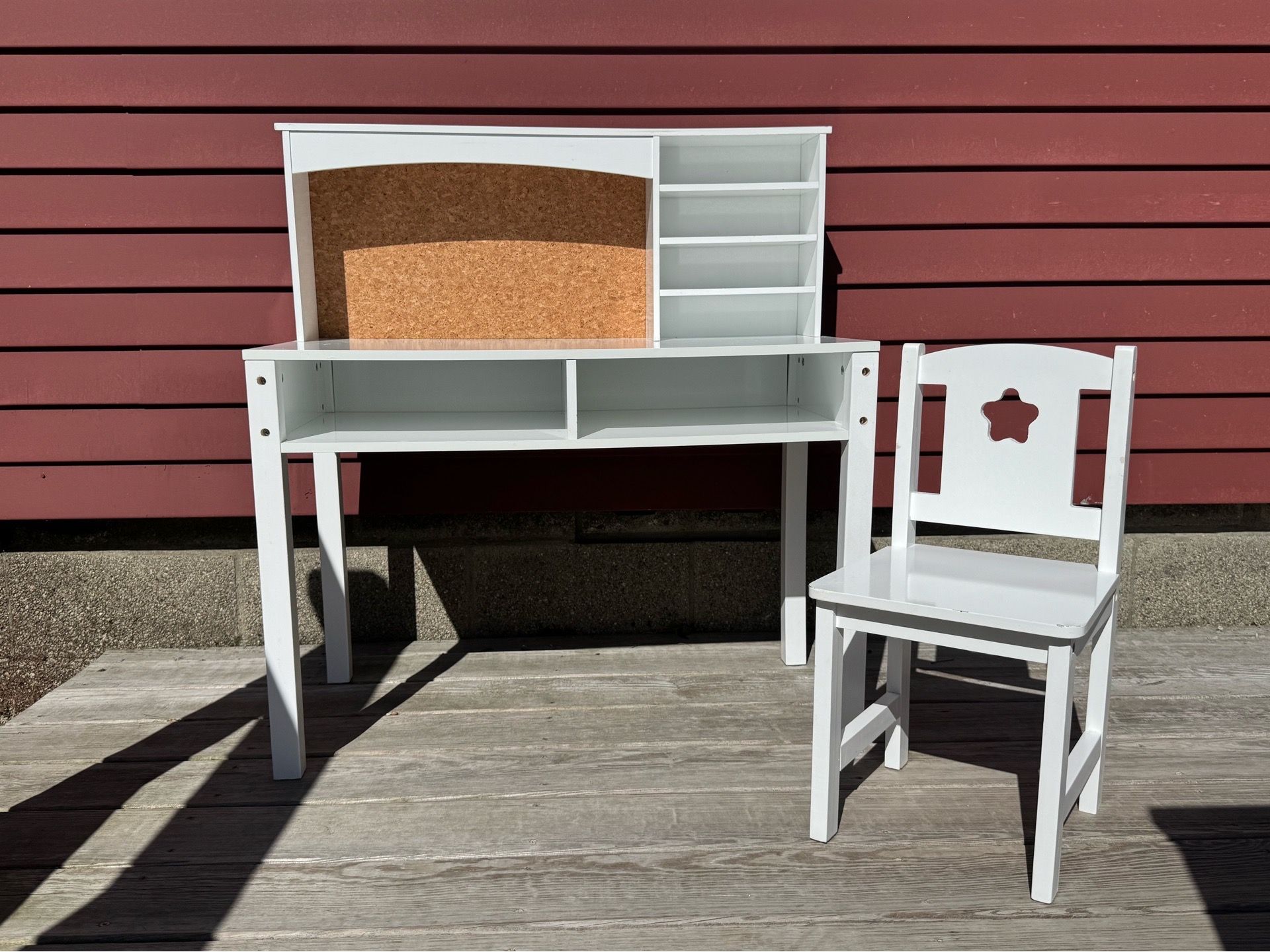 Kids wood desk, cute, white, bulletin board backing with cubbies