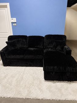 🛋️ New Black Corduroy Sectional Sofa with Chaise-Sleeper-Storage-Charging