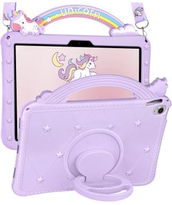  iPad Air 11 Inch Case M3 2025/M2 2024 - Girls Cute Kawaii Girly Cartoon Purple Design Cover with Rotating Stand & Strap Unique Silicone Wo