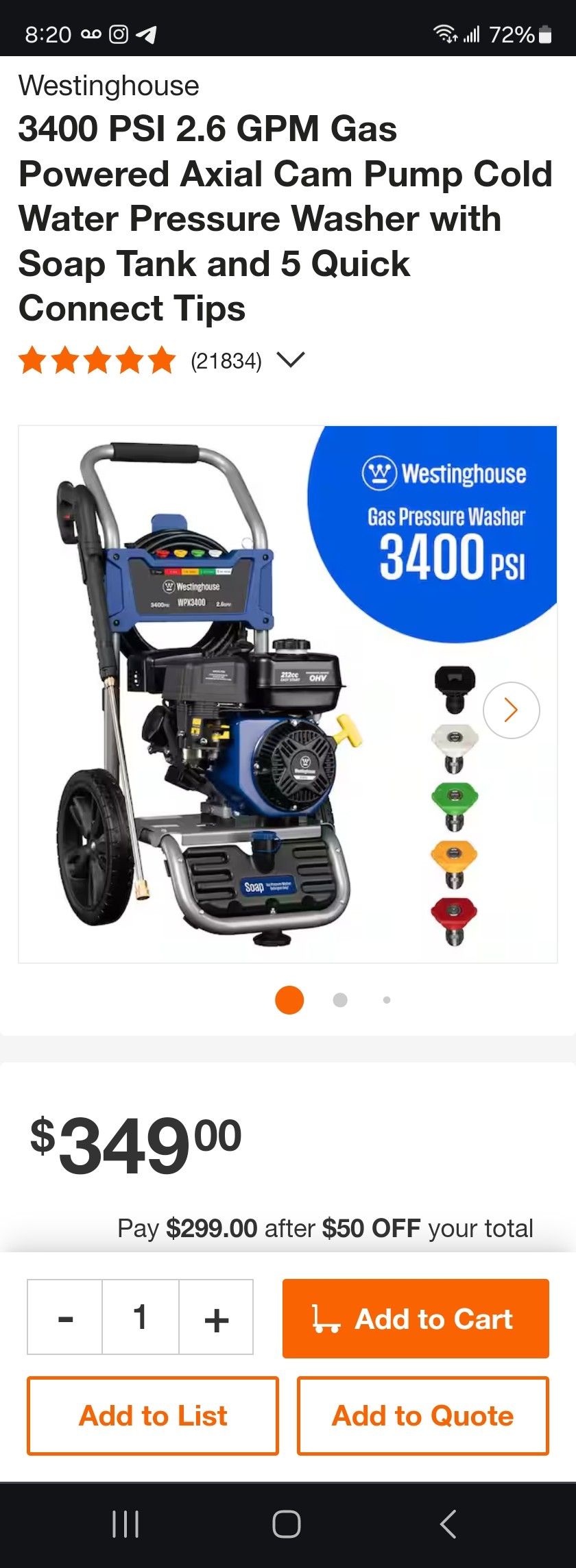3400 PSI 2.6 GPM Gas Powered Axial Cam Pump Cold Water Pressure Washer with Soap Tank and 5 Quick Connect Tips