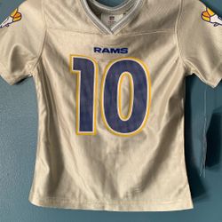 LOS ANGELES RAMS EX PLAYER COOPER KUPP JERSEYS GIRLS SILVER COLOR SIZES XSMALL 4-5, LARGE 10-12. BLUE COLOR LARGE 10-12