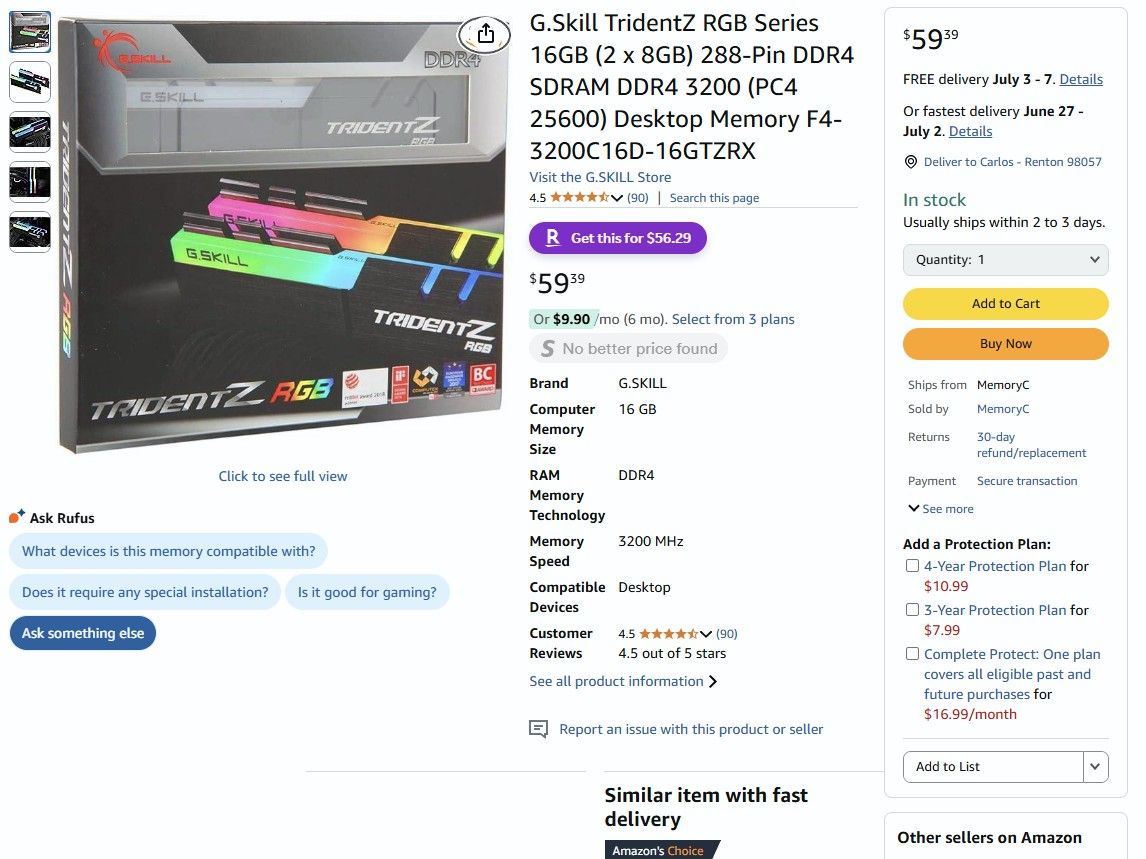 G.Skill TridentZ RGB Series 16GB (2 x 8GB) DDR4 3200 AMD XMP