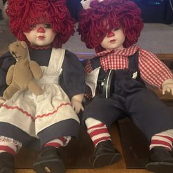 Raggedy Ann & Andy porcelain Doll Pair Vintage 16" Tall