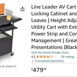 Line Leader AV Cart with Locking Cabinet and Drop Leaves | Height Adjustable Utility Cart with Extra Storage | Power Strip and Cord Management | Great