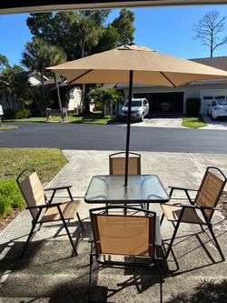 ⁠6-Piece Outdoor Patio Dining Set w/ Glass Table & Umbrella⁠