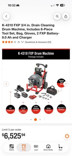 K-4310 FXP 3/4 in. Drain Cleaning Drum Machine, Includes 8-Piece Tool Set, Bag, Gloves, 2 FXP Battery-8.0 Ah and Charger, new in box $4900
