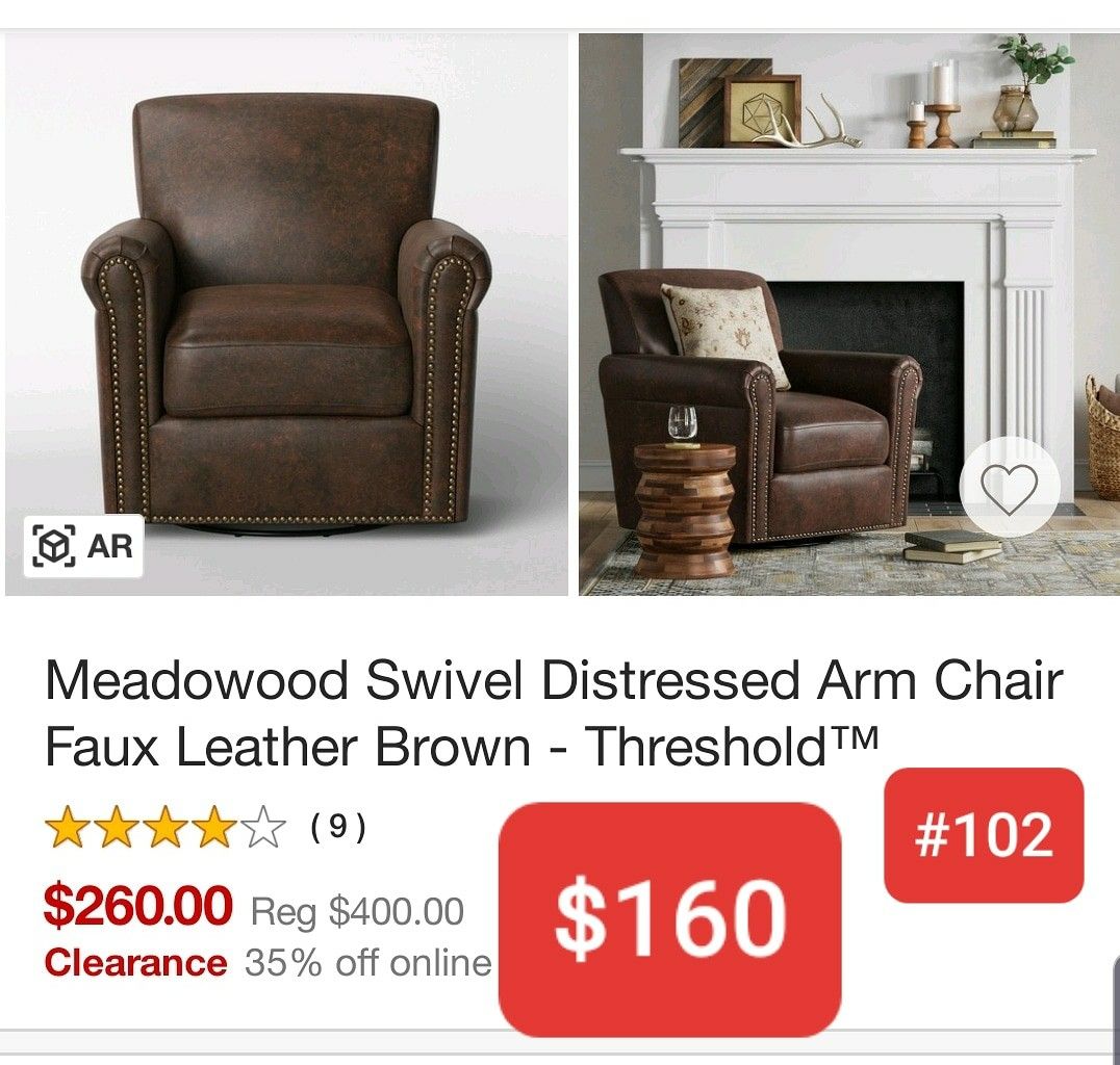 Swivel arm chair faux leather brown