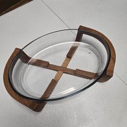 Vintage Marinex Glass Oval Casserole Dish With Teakwood Cradle 