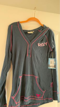 Brand new Roxy thin hoodie long sleeve pullover - size XL - gray blue and hot pink