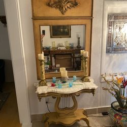 Antique Large Mirror And Wall Table With Marble Top French Provincial 