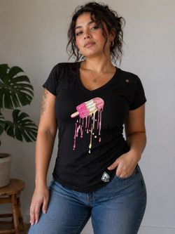 Black V-Neck Graphic T-Shirt with Melting Popsicle