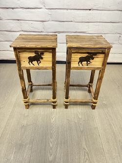 Small Rustic Moose Pattern End Tables 2pc