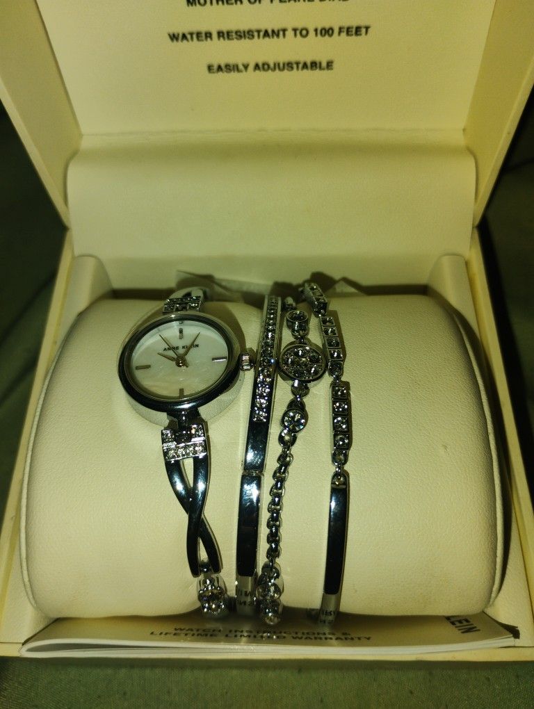 Anne Klein Sterling Silver Watch And Bracelet Set