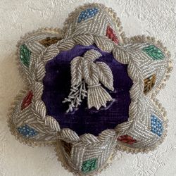 Antique Handcrafted 10,000 Beads Victorian Eagle Cushion,  8” Diameter, Hard To Find With Eagle, Around Two Hundred Years Old