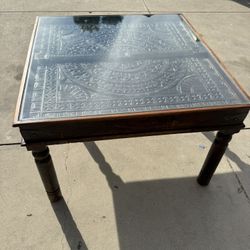 Tribal Carved Wood Glass Top Dining Table 